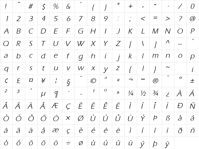 AquilineBook Italic  glyph index