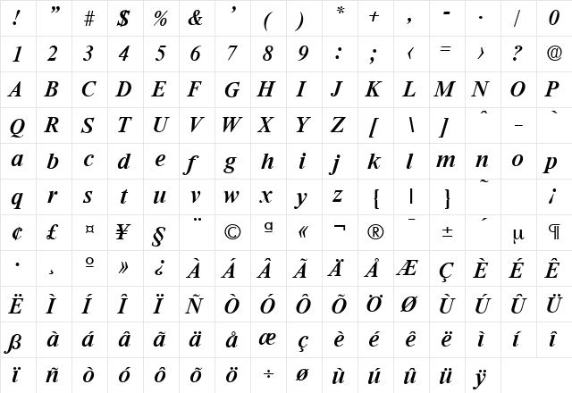 Riccione-Serial-Medium RegularItalic  glyph index