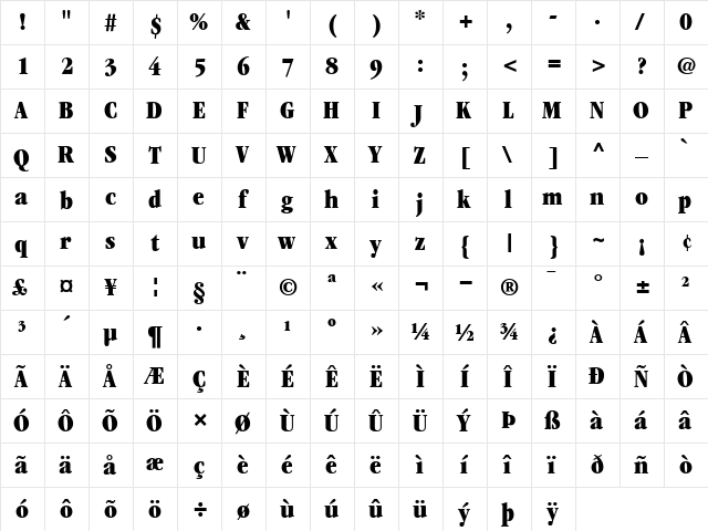 ITCGaramond-UltraCondensed Roman  glyph index