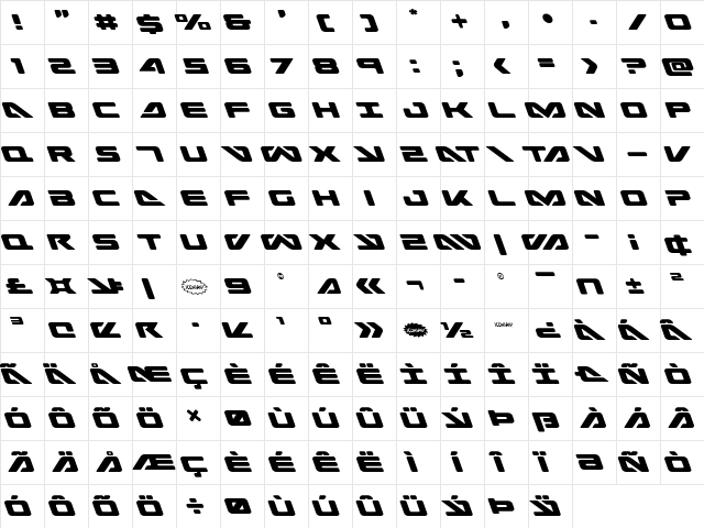 Sea-Dog Leftalic Italic  glyph index