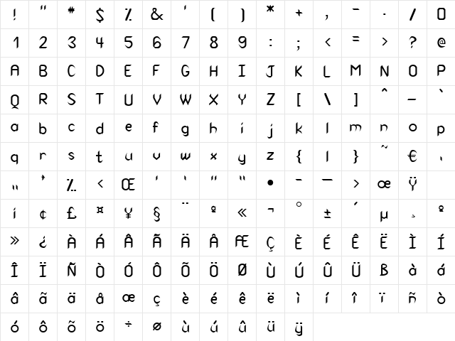 Shimmy Regular  glyph index