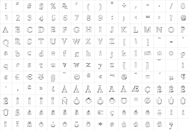 BelfastOutline Bold  glyph index