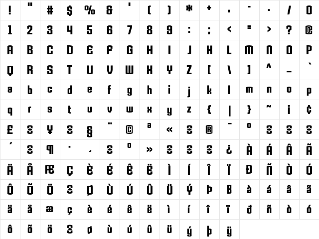 Armada BoldCondensed  glyph index
