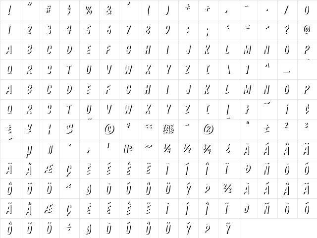 Komika Title - Emboss Regular  glyph index
