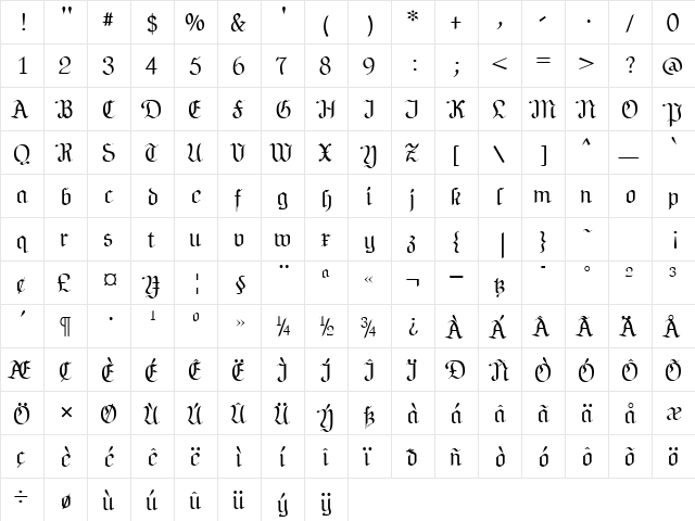 NeuAltisch Regular  glyph index