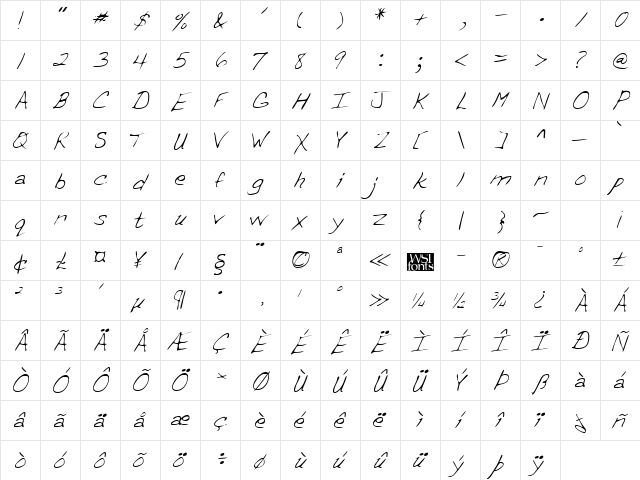 ErinsHand Regular  glyph index