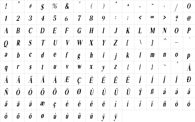 EXTRA Serif Italic  glyph index