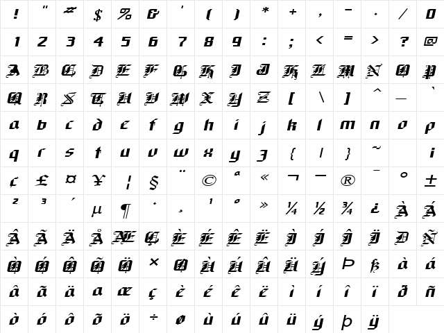 GothicExtended Italic  glyph index