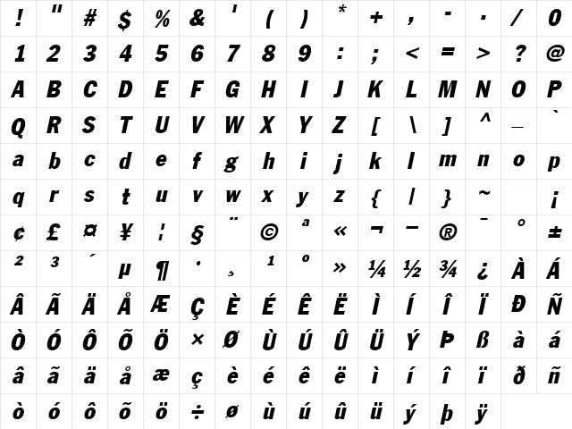 LibraryGothicHeavy Italic  glyph index