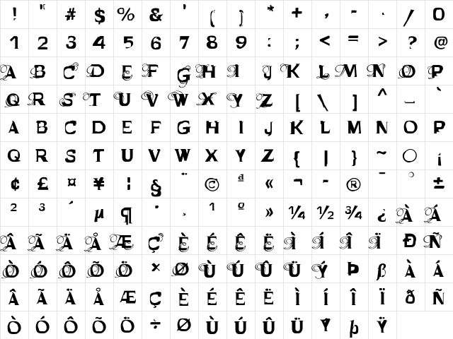 Bastard Regular  glyph index