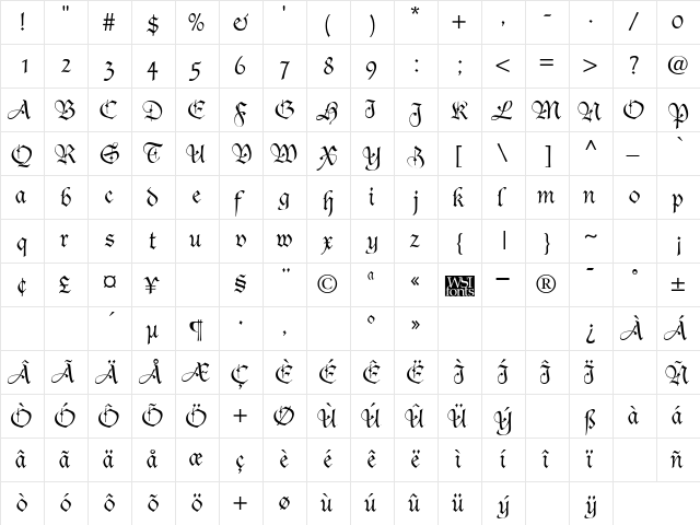 Fiorne Regular  glyph index