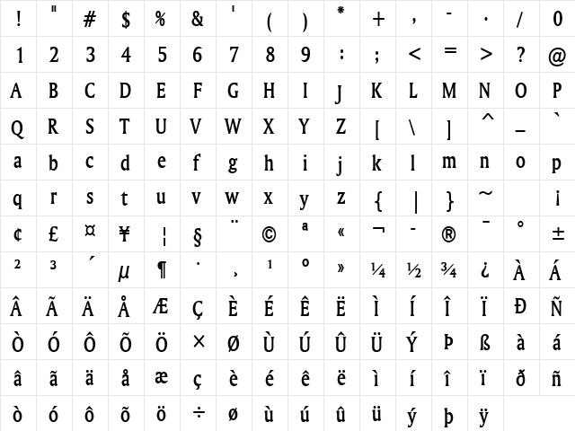 Ameretto Condensed Bold  glyph index