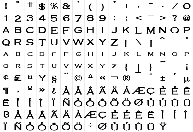 Cobalt Wide Bold  glyph index