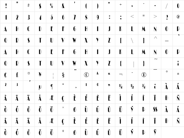 BroadwayComD Regular  glyph index