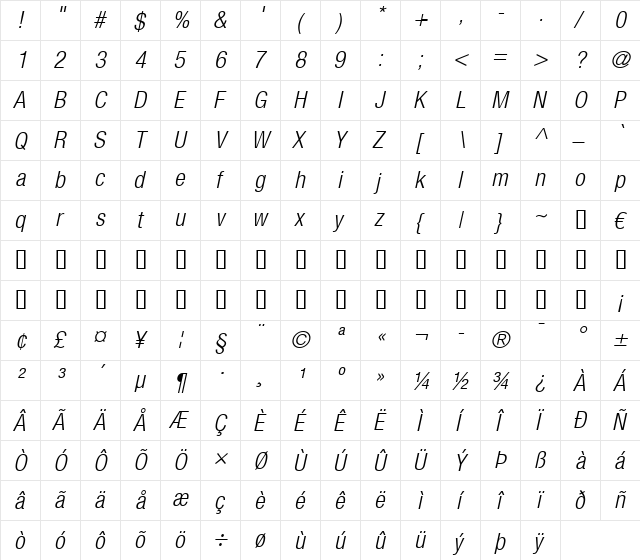 HelveticaNeue LT 47 LightCn Oblique  glyph index