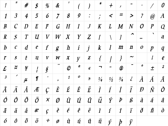 Carmine-Condensed Bold Italic  glyph index