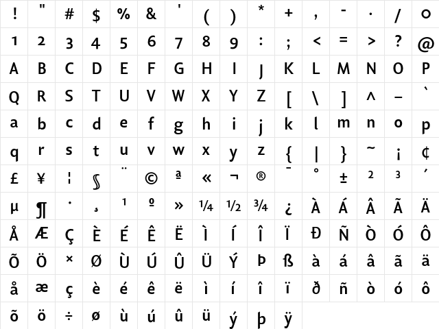 Lisboa Sans OSF Bold  glyph index