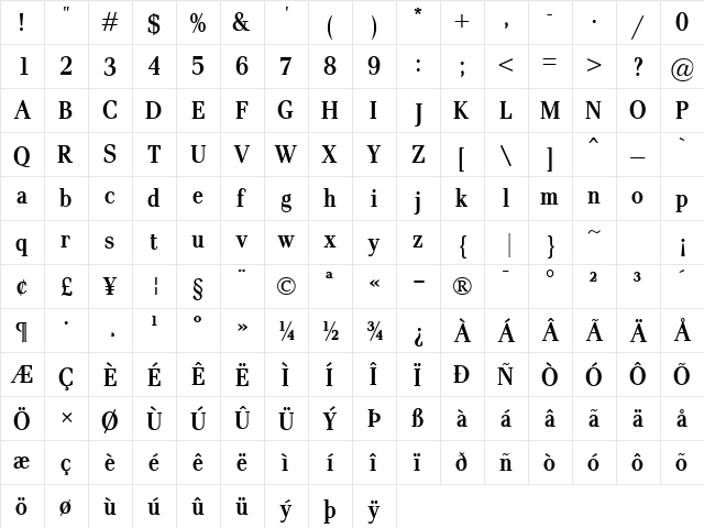 Pax Cond Bold  glyph index