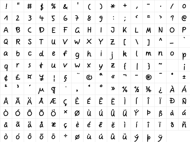 Comic Jens Regular  glyph index