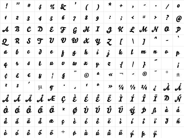 Bello Pro Regular  glyph index