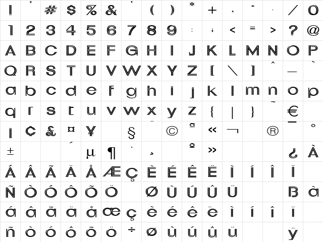 DowntownWide Normal  glyph index