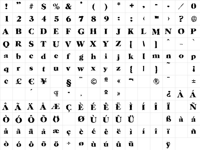 HorshamRandom-Xbold Regular  glyph index