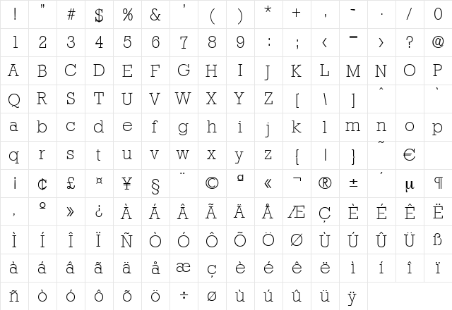 Stafford-Xlight Regular  glyph index