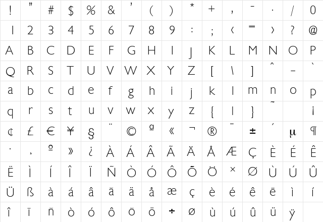 ChantillySerial-Xlight Regular  glyph index