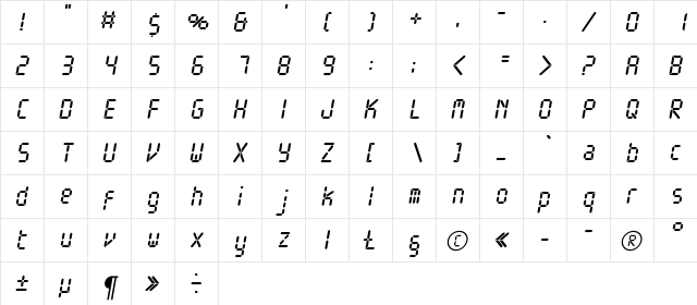 Electronica-Oblique Regular  glyph index