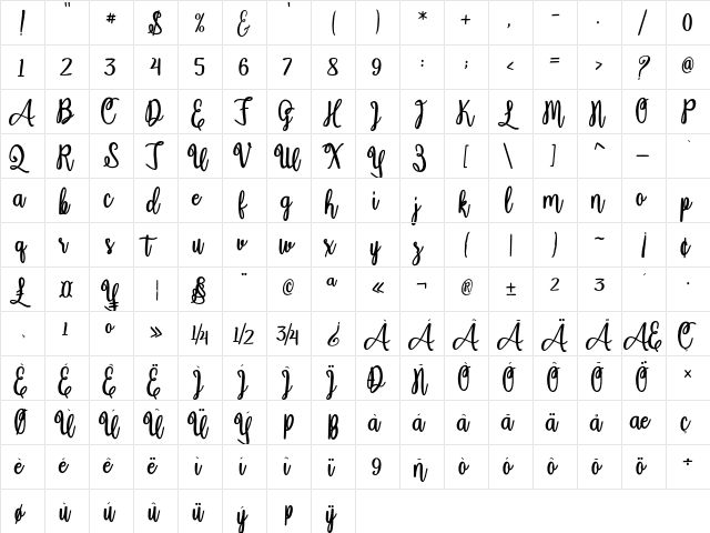 Adelia pasha Regular  glyph index