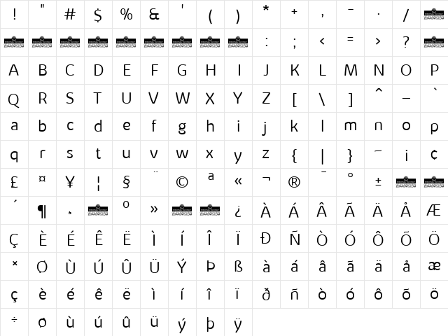 Kabrio Alternate Light  glyph index