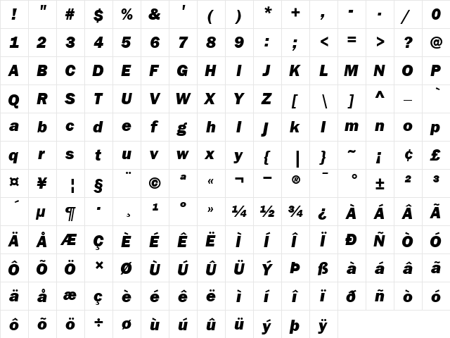 ITCFranklinGothic-Heavy HeavyItalic  glyph index