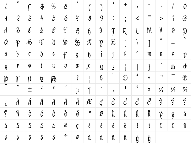 MA Bastard Anglicana DB Normal  glyph index