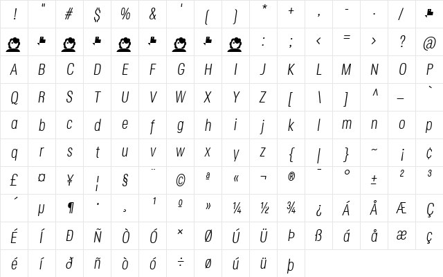 Jane Roe Light Italic  glyph index
