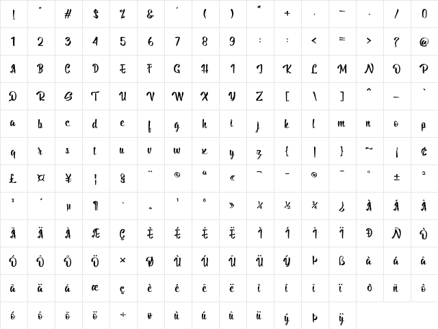 Billy The Gang Regular  glyph index