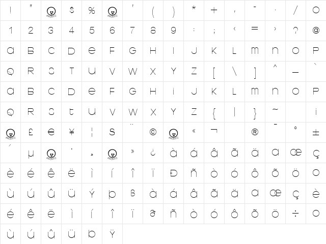 Kravitz Regular  glyph index