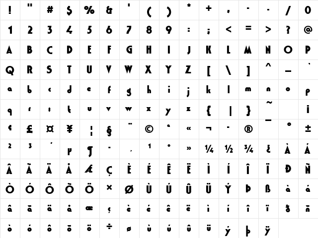 WashingtonDBla Regular  glyph index