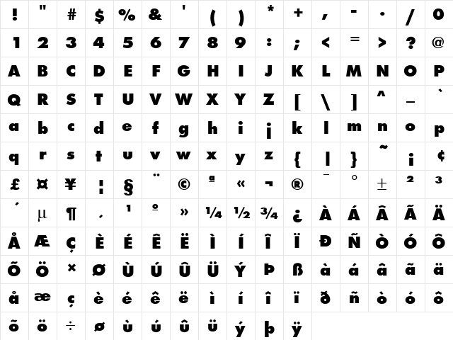 Futura T Extra Bold Regular  glyph index