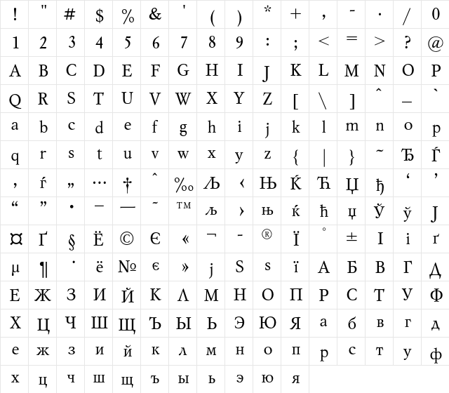 MyslC Regular  glyph index