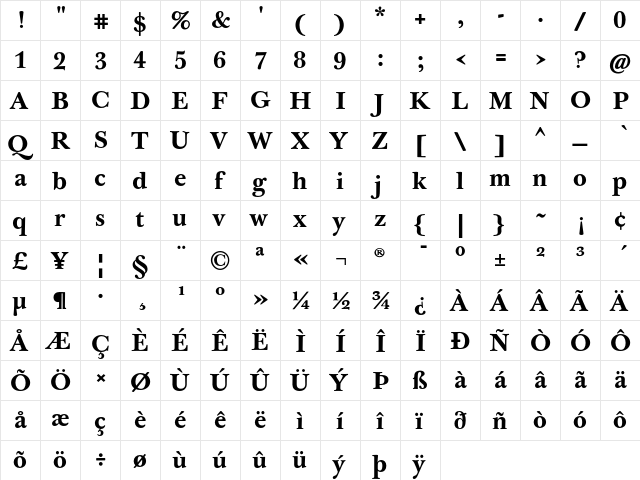 J Baskerville TxN Bold  glyph index