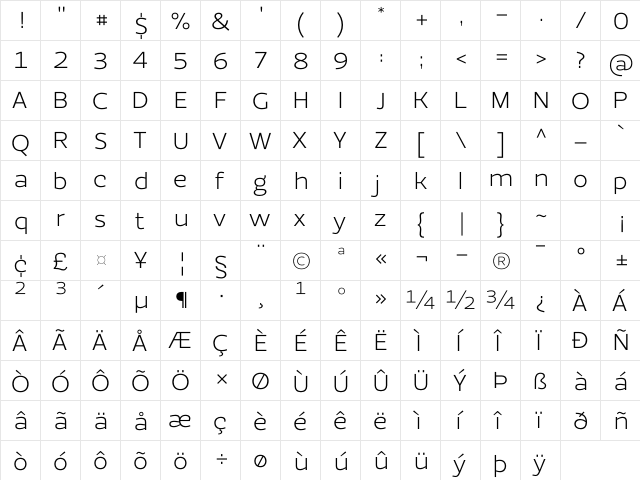 EzzoLight Regular  glyph index