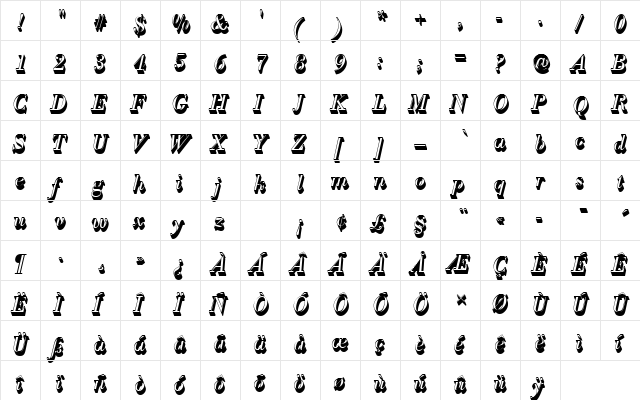 BodoniAntTLigItaSh1 Regular  glyph index