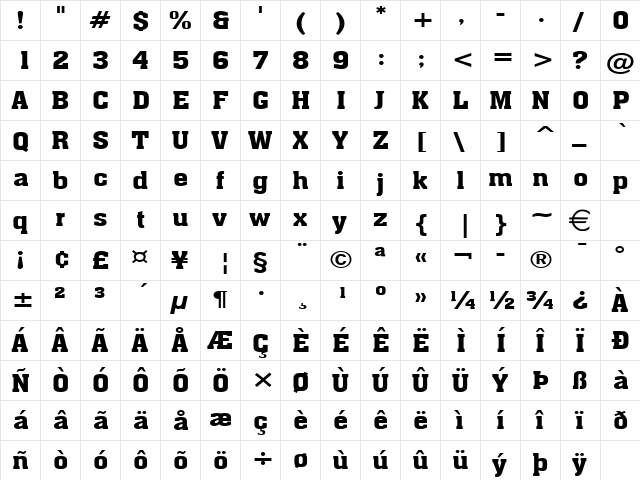 AcheWide Bold  glyph index