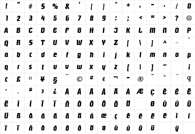 Pasadena Bold Italic  glyph index