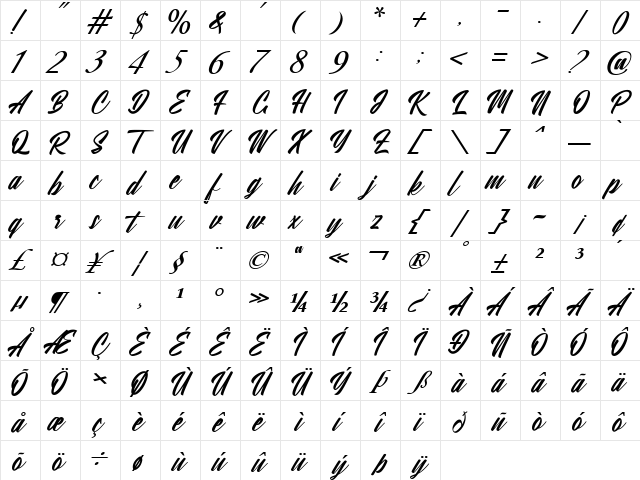 Yastrib Regular  glyph index