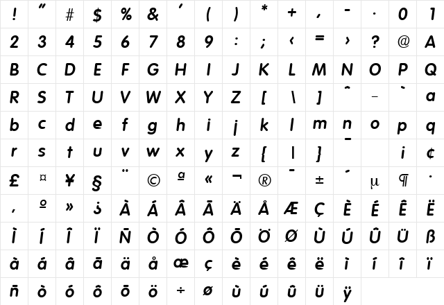 Volkswagen-Serial BoldItalic  glyph index