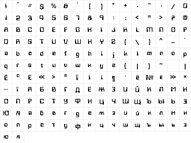 Techno28 Normal  glyph index
