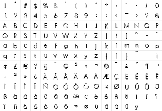 IvanBeckerShadow-Xlight Regular  glyph index