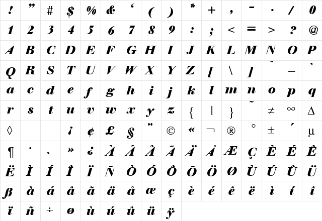 WalbaumDisplayHeavy RegularItalic  glyph index