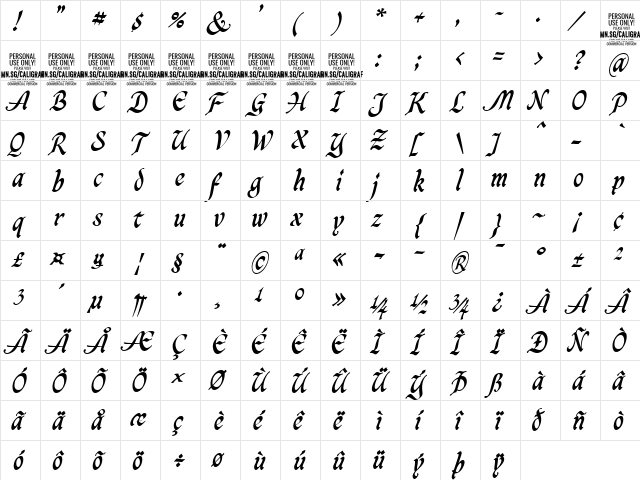 Caligraf Bold PERSONAL USE Regular  glyph index